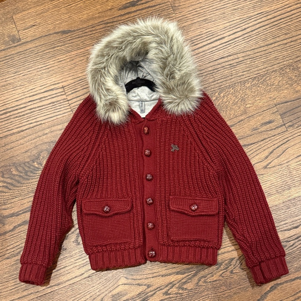 Spitfire Boys Fully Lined Thick‎ Knit Jacket Detachable Faux Fur Trim on Hood 6Y